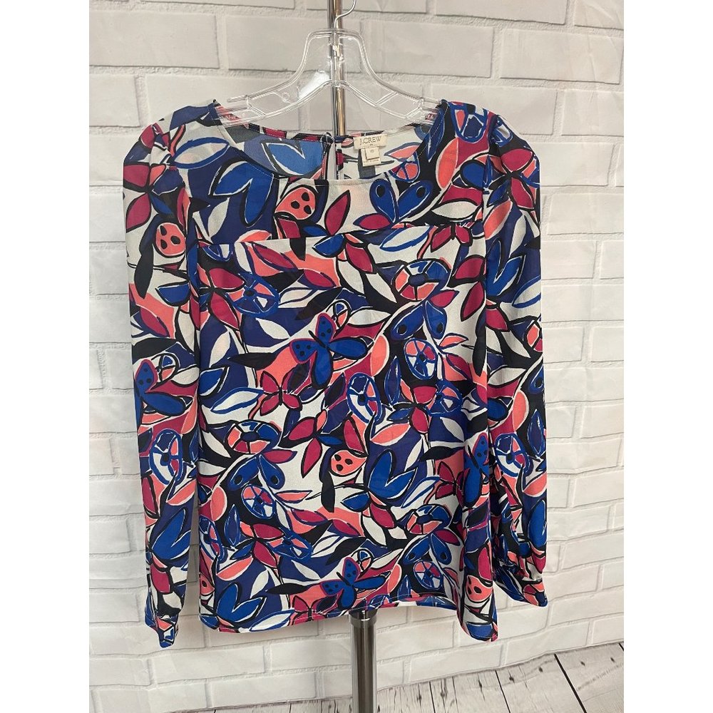 J Crew XS long sleeve silky top ladies cute leafy pattern multi color